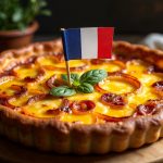 Quiche con Bacon y Queso, con una banderita francesa encima