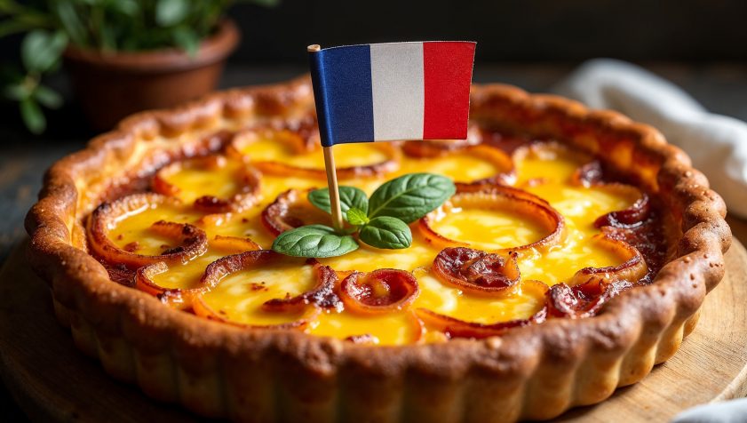 Quiche con Bacon y Queso, con una banderita francesa encima