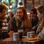 Grupo de conversación de idiomas en una cafetería de una ciudad cualquiera