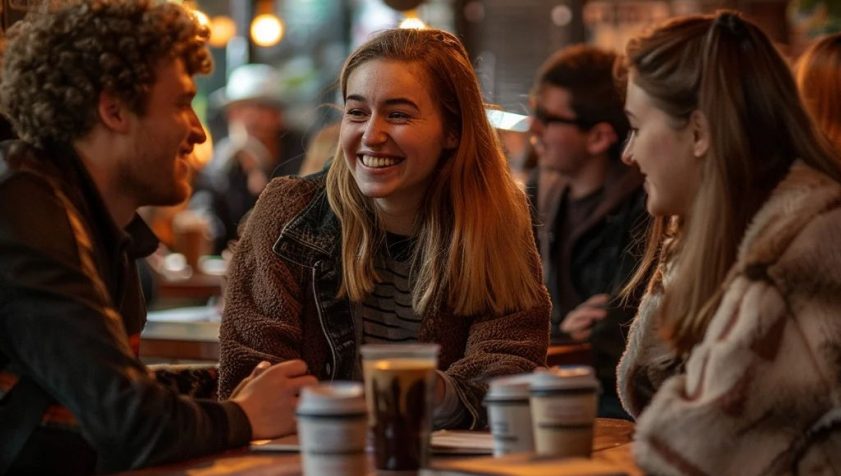 Grupo de conversación de idiomas en una cafetería de una ciudad cualquiera