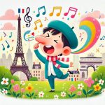 Ilustración colorida: de un francés con su boina junto a la Torre Eiffel y el arco del triunfo, haciendo sonidos nasales y con notas de varios colores.