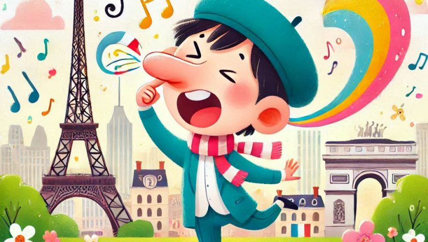 Ilustración colorida: de un francés con su boina junto a la Torre Eiffel y el arco del triunfo, haciendo sonidos nasales y con notas de varios colores.