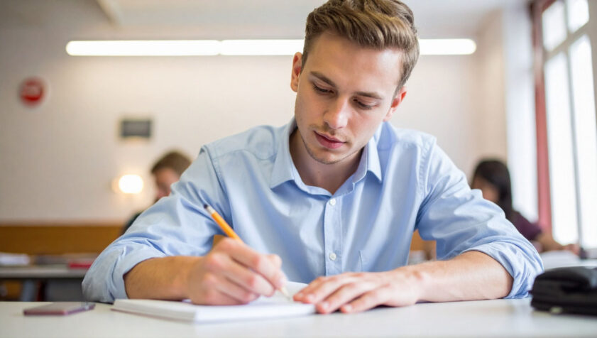 alumno que está redactando una carta formal en el examen escrito de C1 de Francés